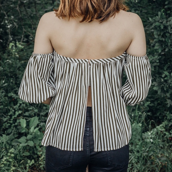 Striped Off The Shoulder Top - Olive - Picture 8 of 8